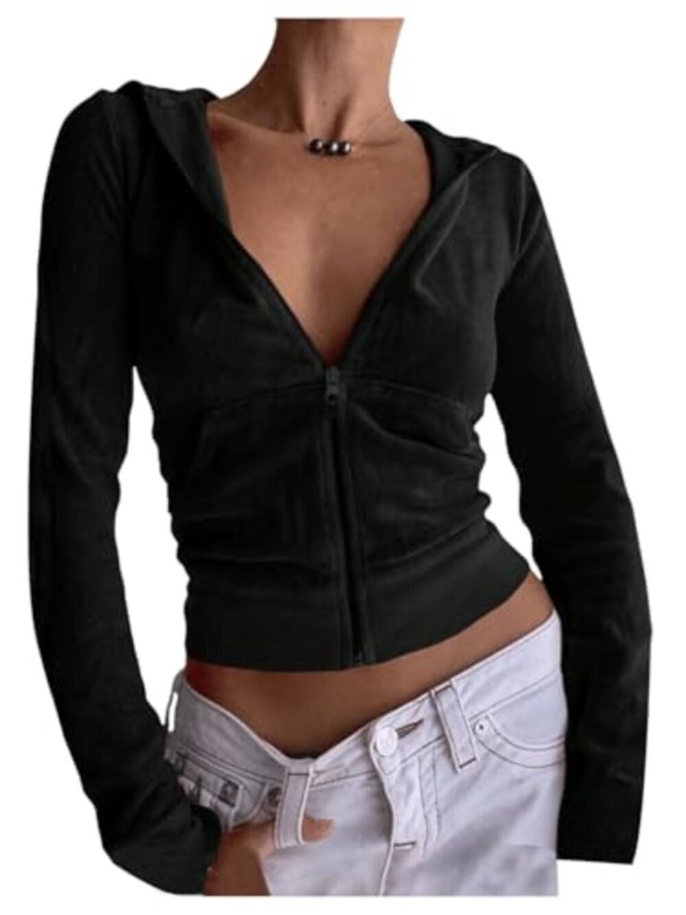 Women's Zip Up Cropped Hoodie Sweatshirt Velvet Jacket with Pockets